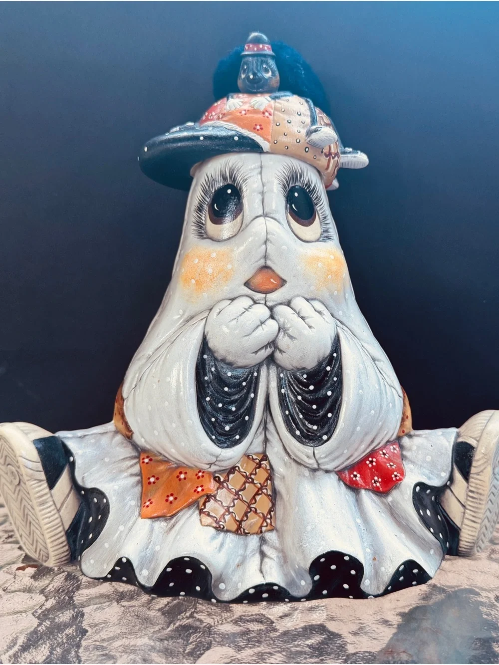 Vintage White & Black Decorative Ghost Figurine with Colorful Accents